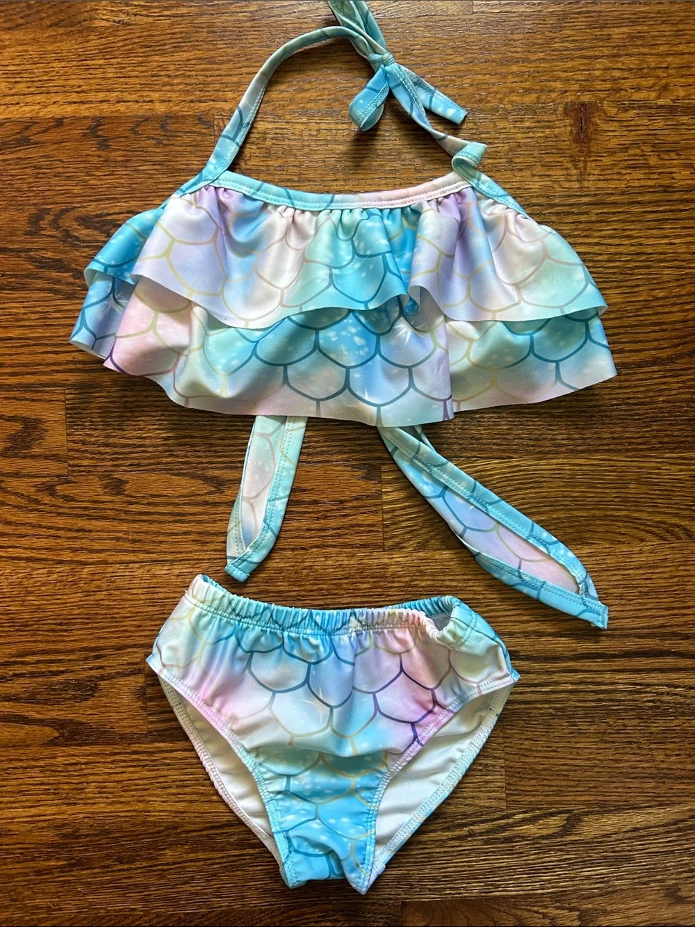 Girl’s Pastel Mermaid Scale Ruffle Bikini Set Sz 6